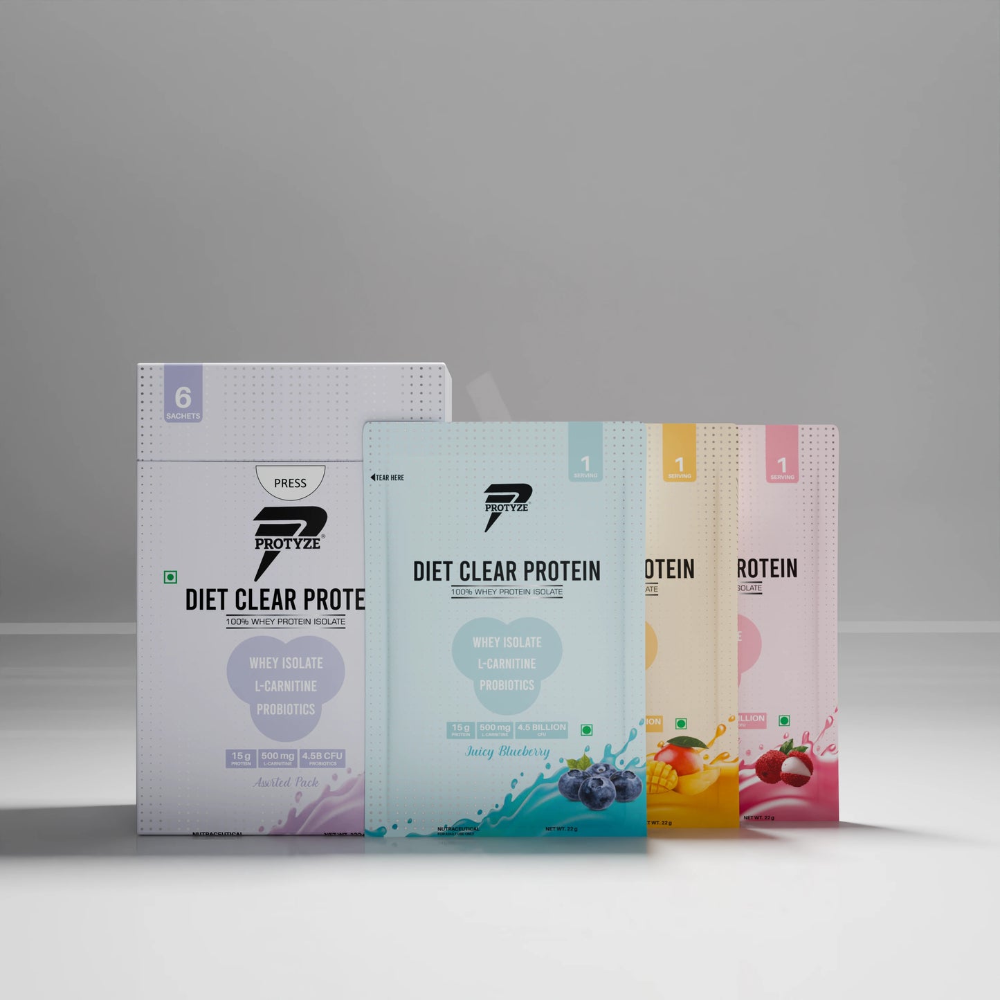 Diet Clear Protein with Probiotics and L carnitine Assorted - Pack of 6 (Juicy Mango, Juicy Blueberry, Juicy Lychee Each Flavour 2 Units)