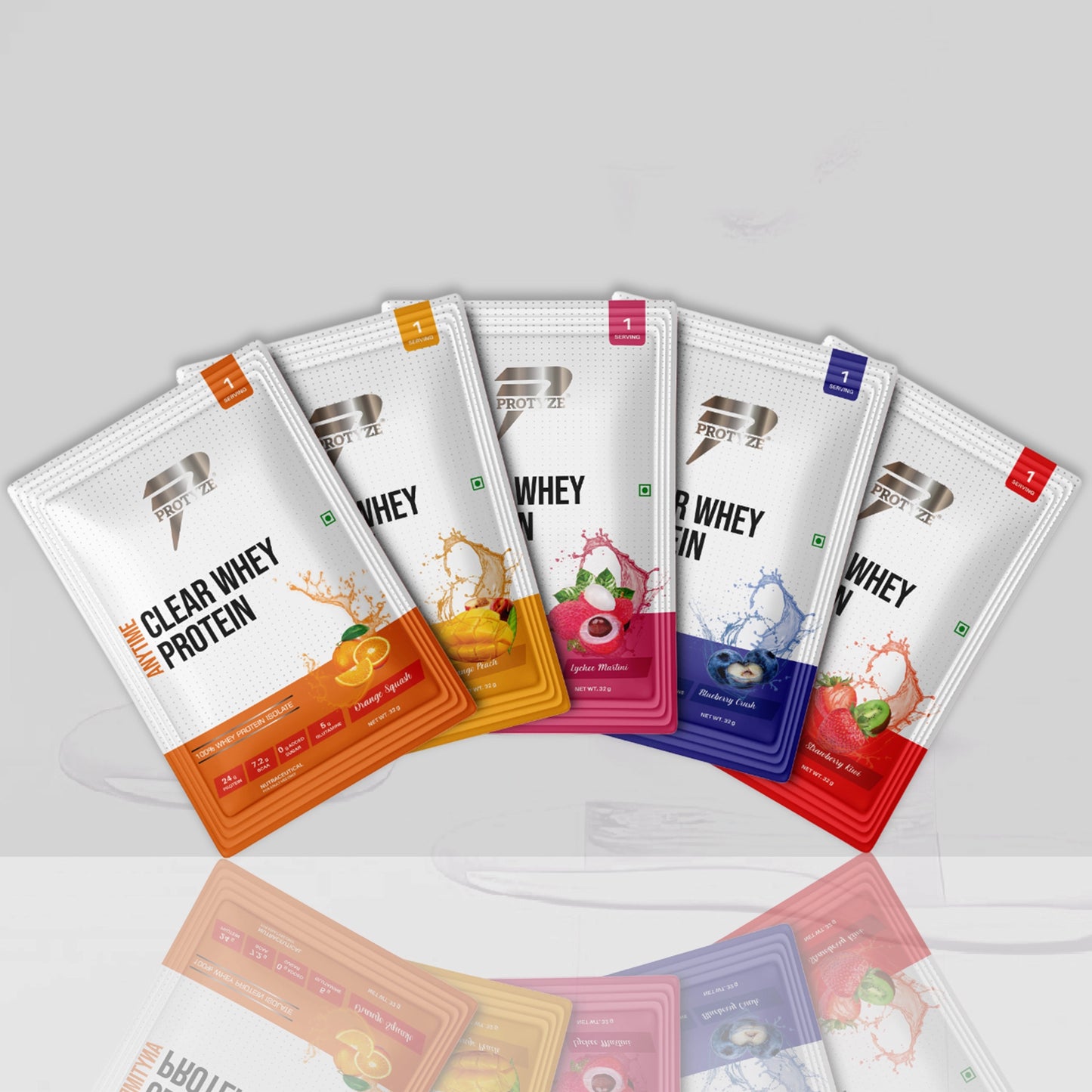 Anytime Clear Whey Protein Isolate, Assorted Flavor Set 2 (Orange Squash, Lychee Martini, Mango Peach, Blueberry Crush, Strawberry Kiwi)