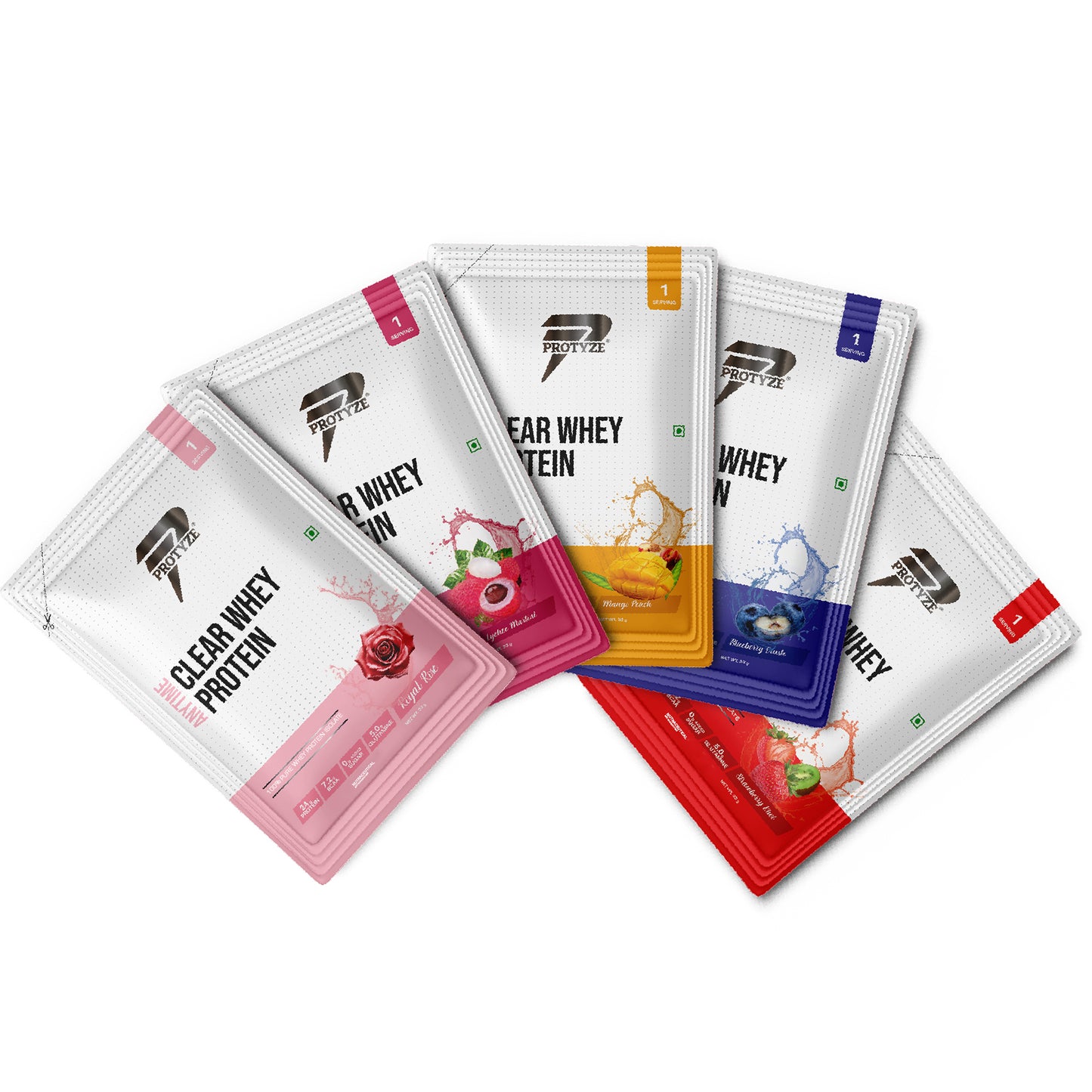 Anytime Clear Whey Protein Isolate, Assorted Flavours Set 1 (Royal Rose, Lychee Martini, Mango Peach, Blueberry Crush, Strawberry Kiwi)