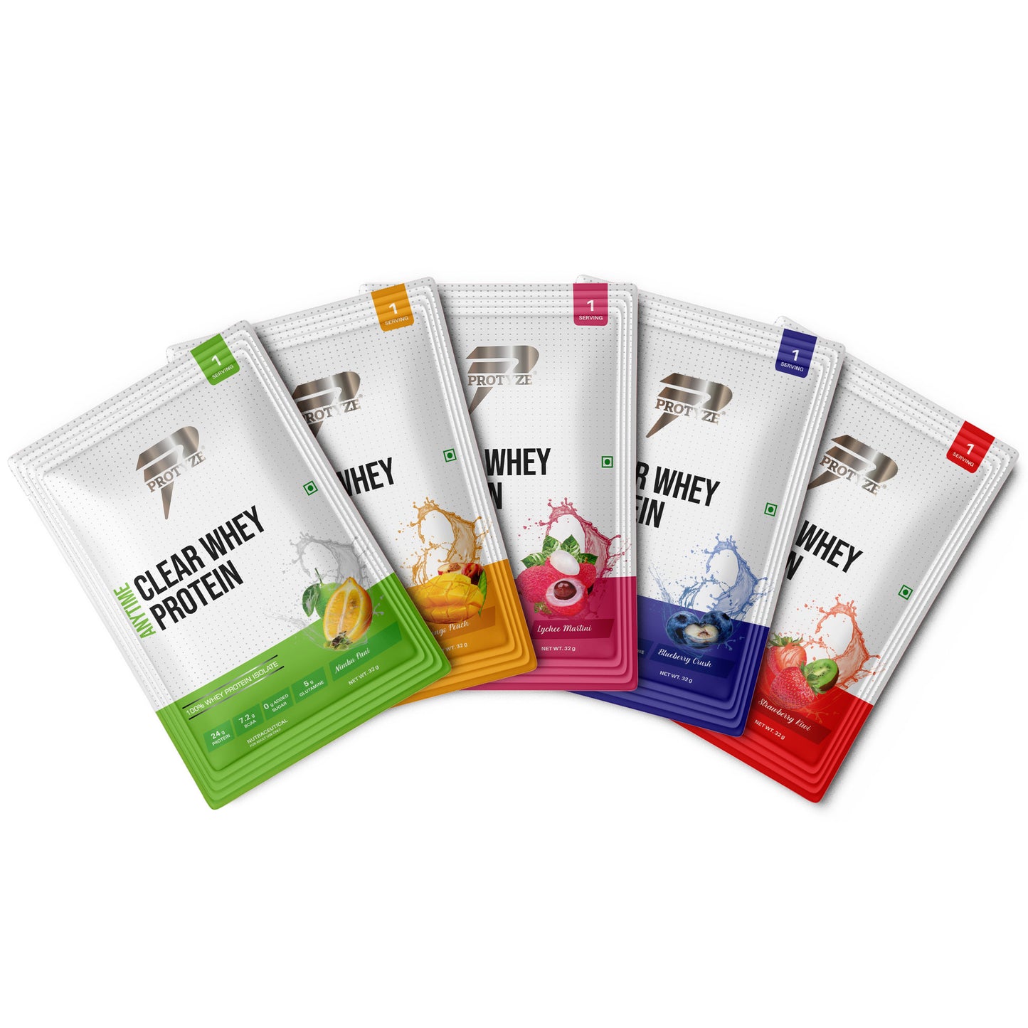 Anytime Clear Whey Protein Isolate, Assorted Flavor Set 3 (Nimbu Pani, Lychee Martini, Mango Peach, Blueberry Crush, Strawberry Kiwi)