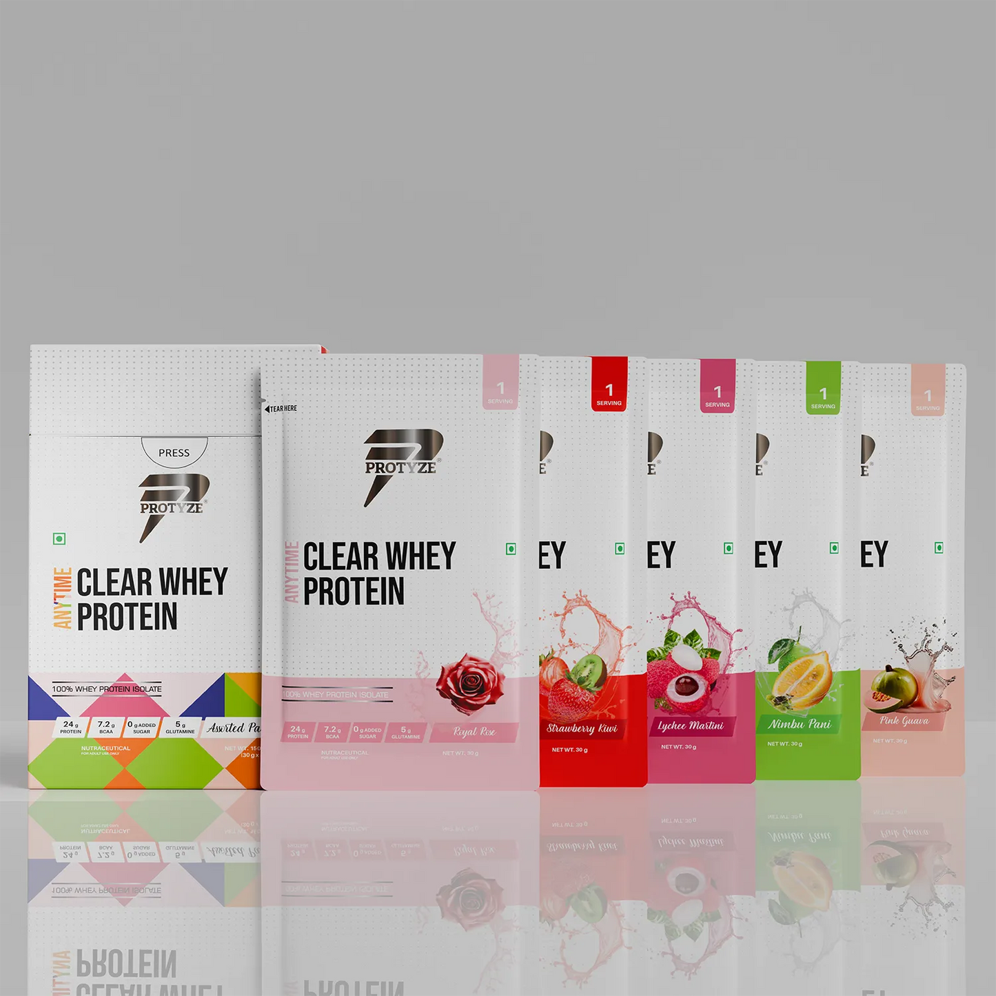 Protyze Anytime Clear Whey Protein Isolate With 24g Protein, 99% Lactose Free, 7.2g BCAA, 0g Added Sugar, Low Carb, Assorted2 (Pack of 5)