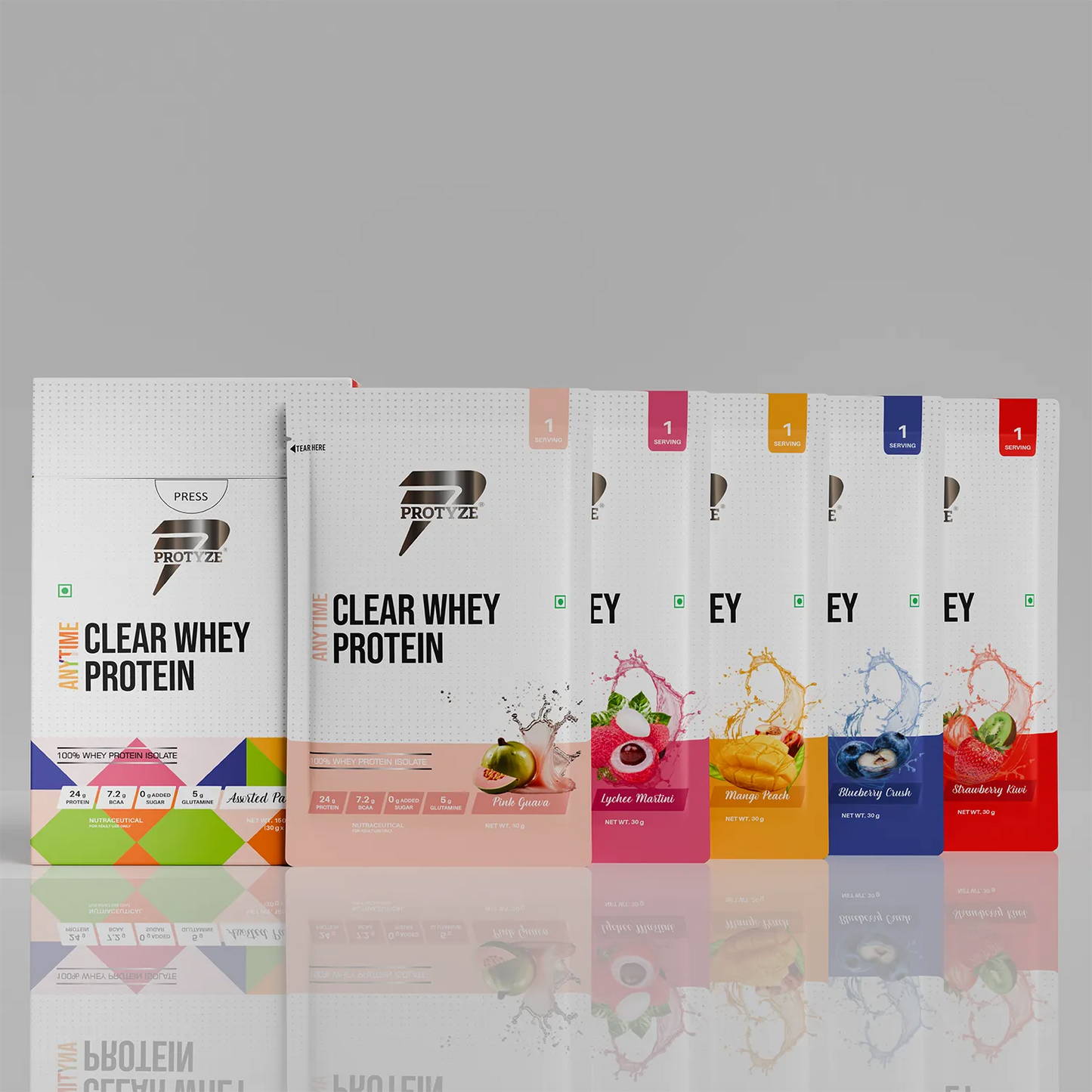 Protyze Anytime Clear Whey Protein Isolate With 24g Protein, 99% Lactose Free, 7.2g BCAA, 0g Added Sugar, Low Carb, Assorted4 (Pack of 5)