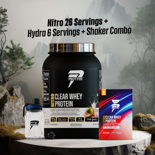 Nitro Clear Whey Protein Isolate 26 Servings Jar + Hydra Assorted Pack Of 6 + Shaker Combo