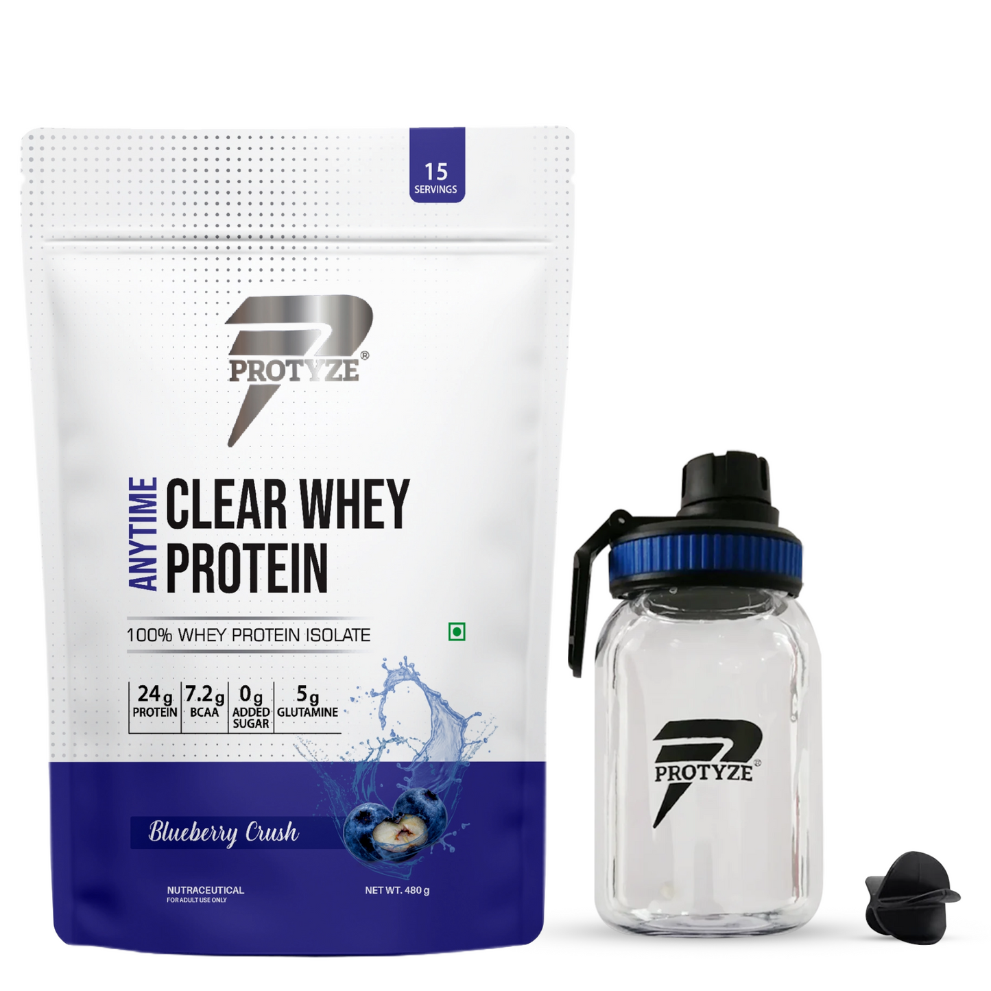 Anytime Clear Whey Protein Isolate, Blueberry Crush + Tritan Shaker with Breaker Ball.
