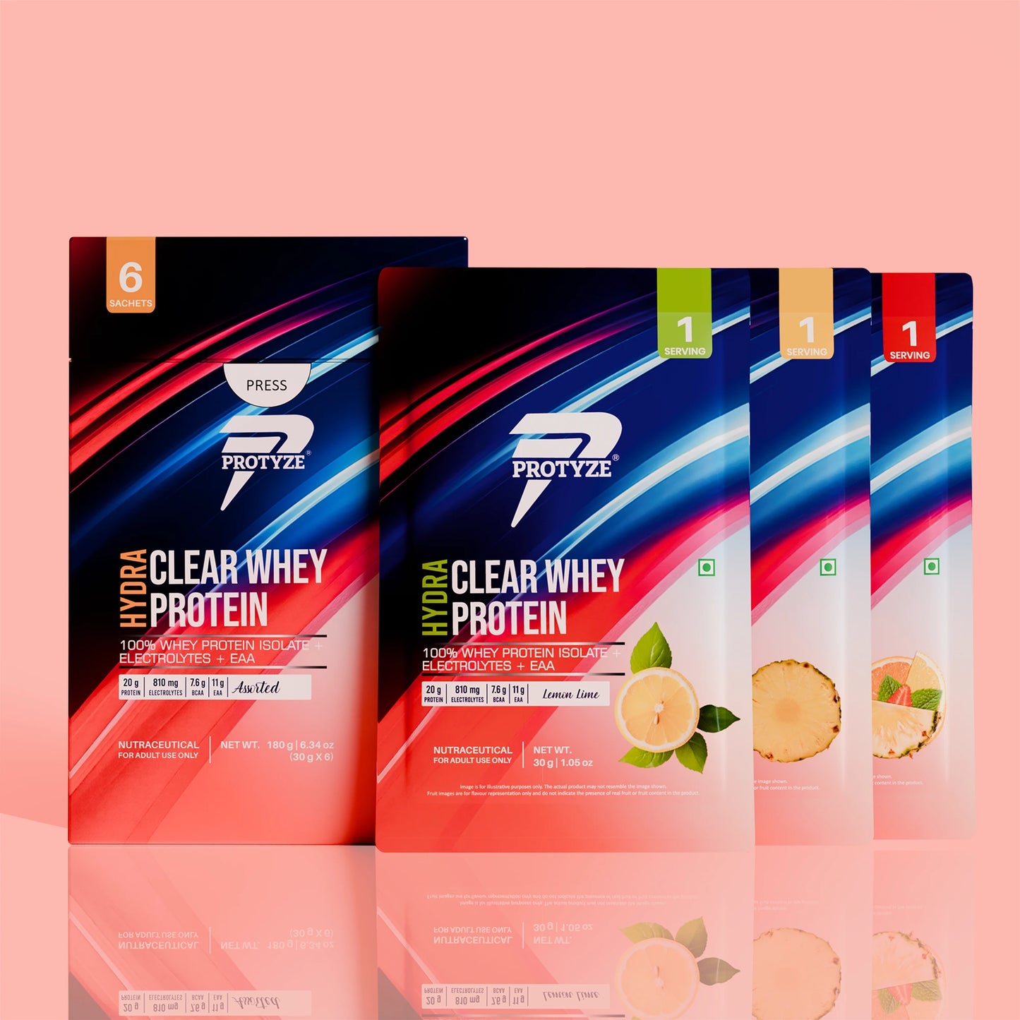 Hydra Clear Whey Protein with Electrolytes, Assorted Flavours Pack of 6 Sachets (Fruit Punch, Lemon Lime, Pineapple)