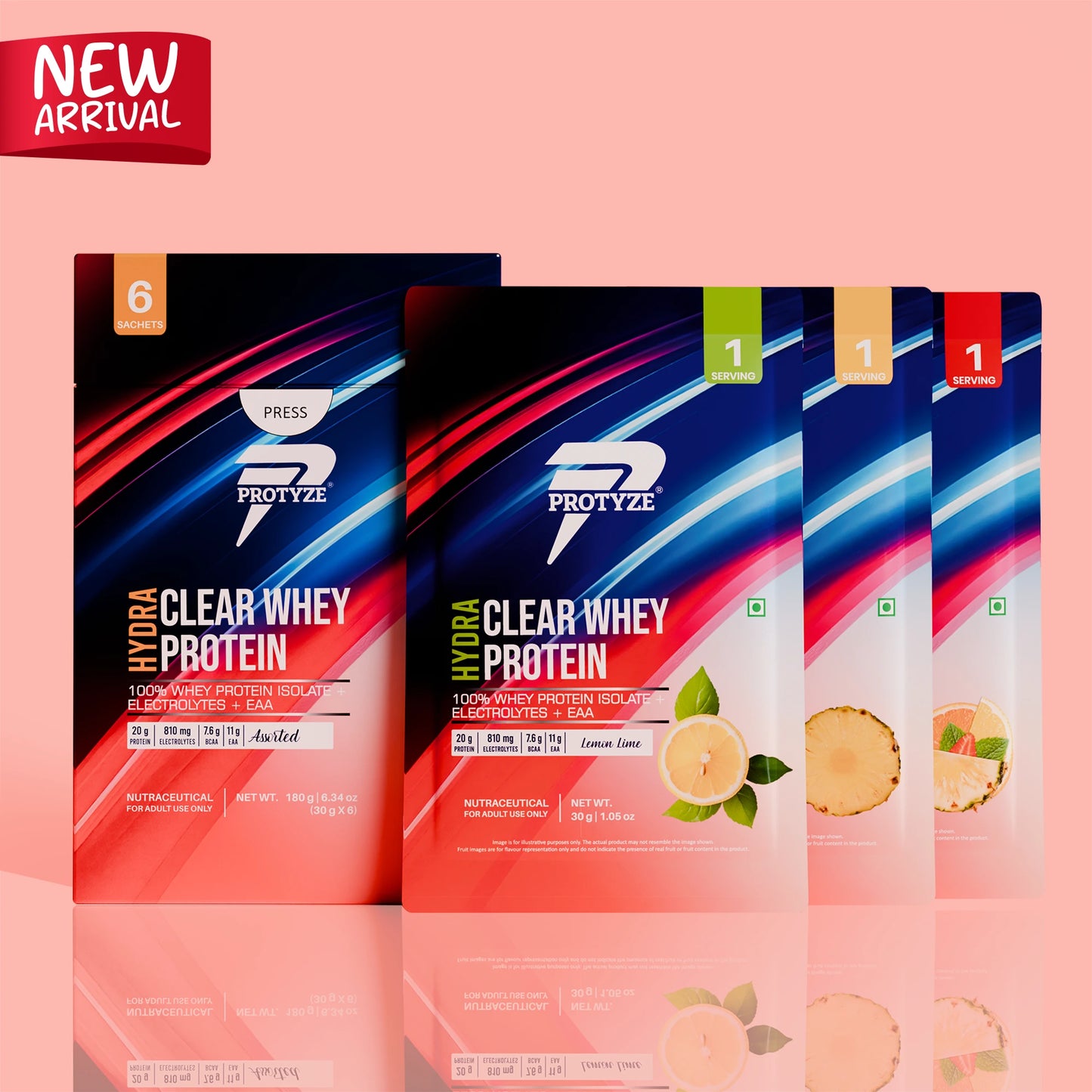 Hydra Clear Whey Protein, Assorted Flavours Pack of 6 Sachets ( Fruit Punch, Lemon Lime, Pineapple )