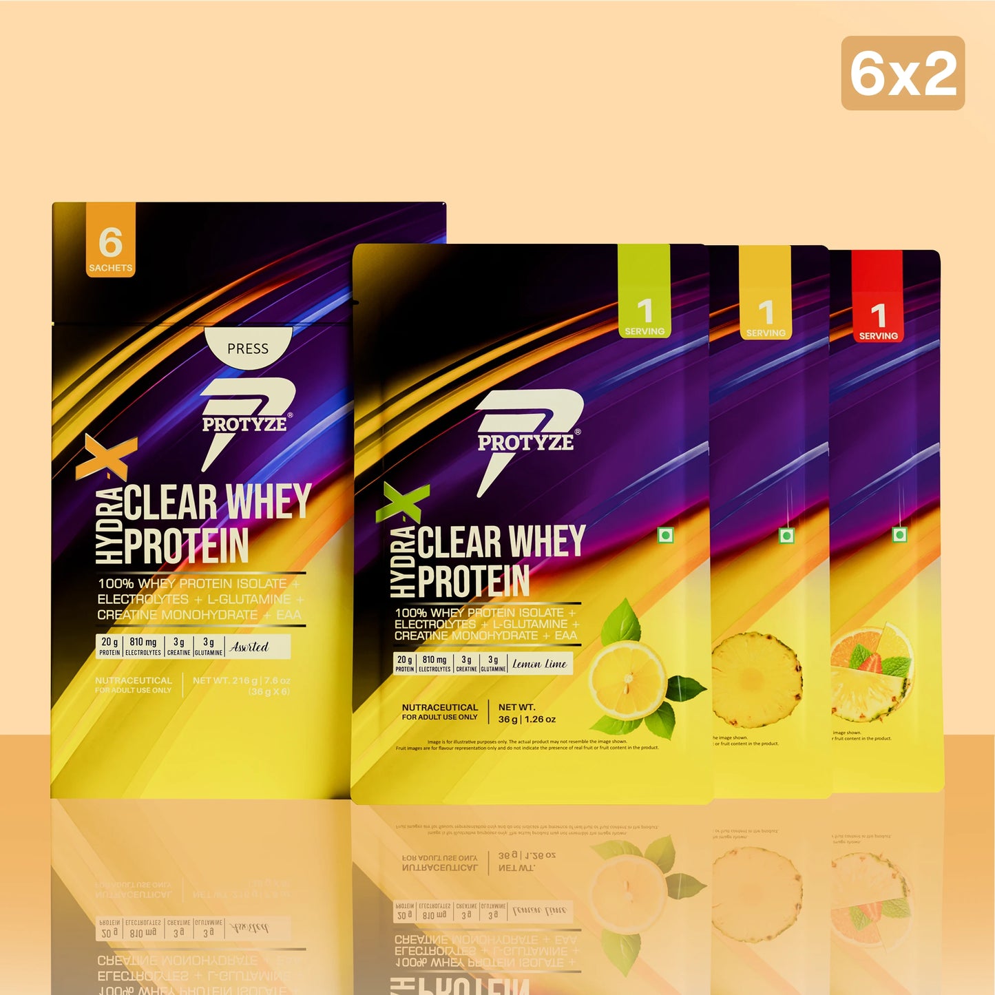 Hydra-X Clear Whey Protein, Assorted Flavours Pack of 6 Sachets (Fruit Punch, Lemon Lime, Pineapple)
