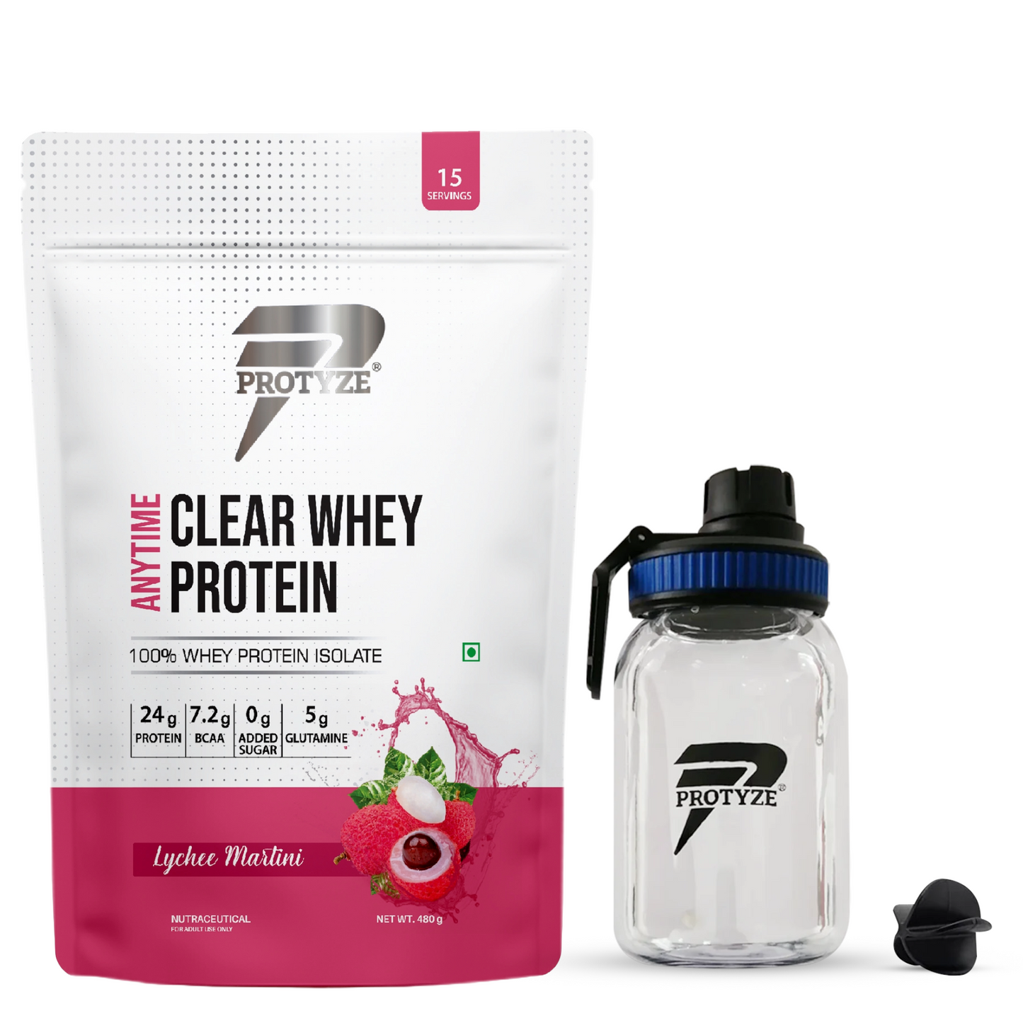 Anytime Clear Whey Protein Isolate, Lychee Martini + Tritan Shaker with Breaker Ball.