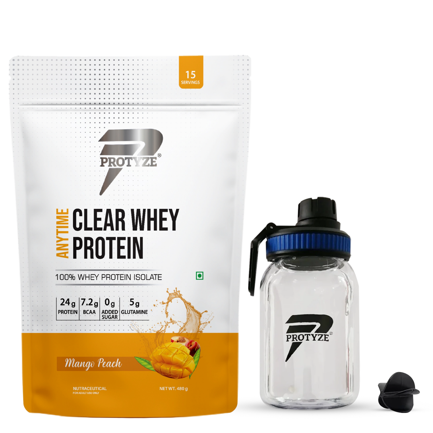 Anytime Clear Whey Protein Isolate, Mango Peach + Tritan Shaker with Breaker Ball.