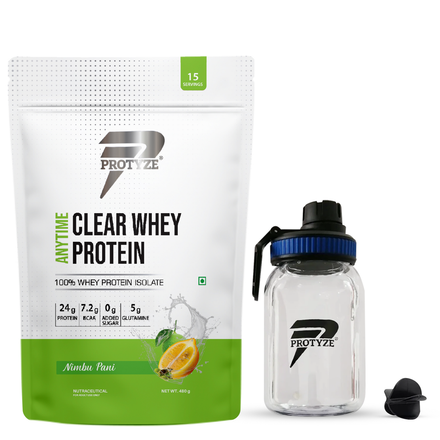 Anytime Clear Whey Protein Isolate, Nimbu Pani + Tritan Shaker with Breaker Ball.