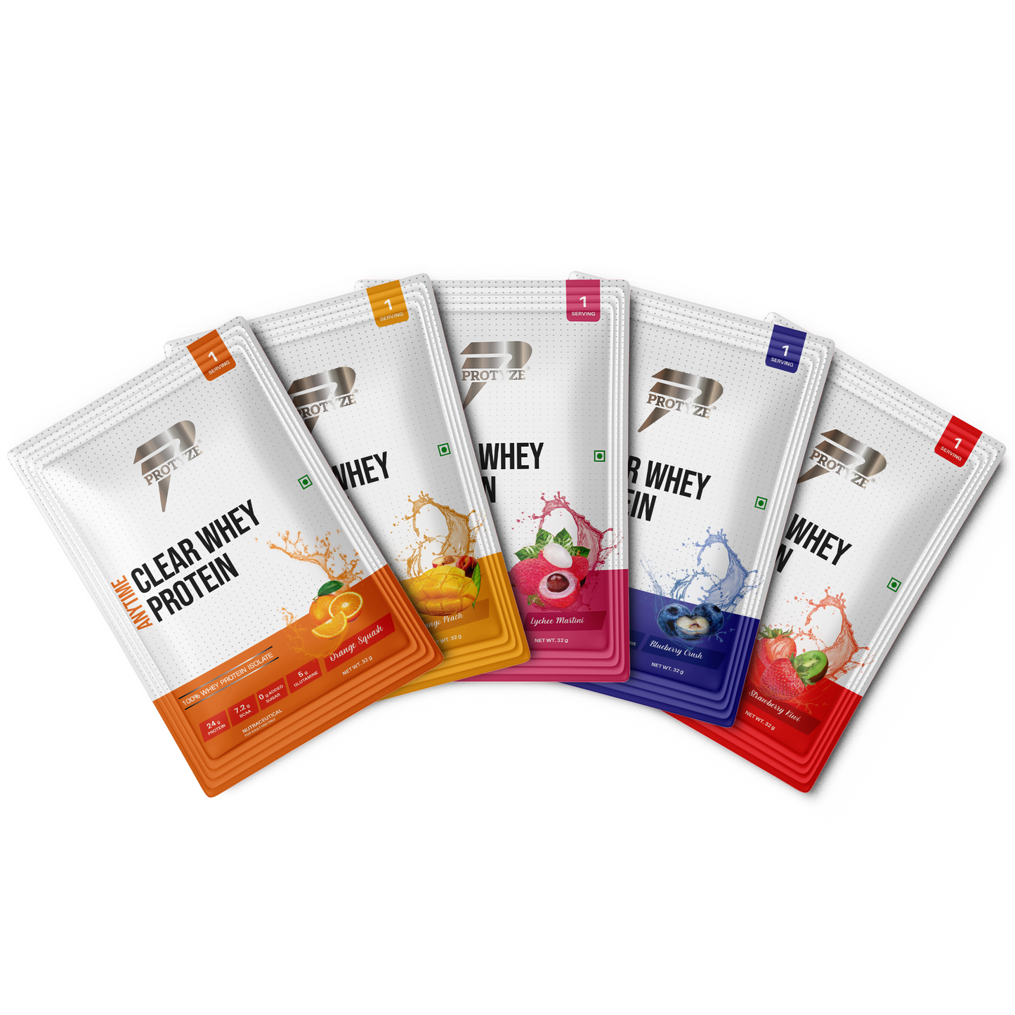 Anytime Clear Whey Protein Isolate, Assorted Flavor Set 2 (Orange Squash, Lychee Martini, Mango Peach, Blueberry Crush, Strawberry Kiwi)