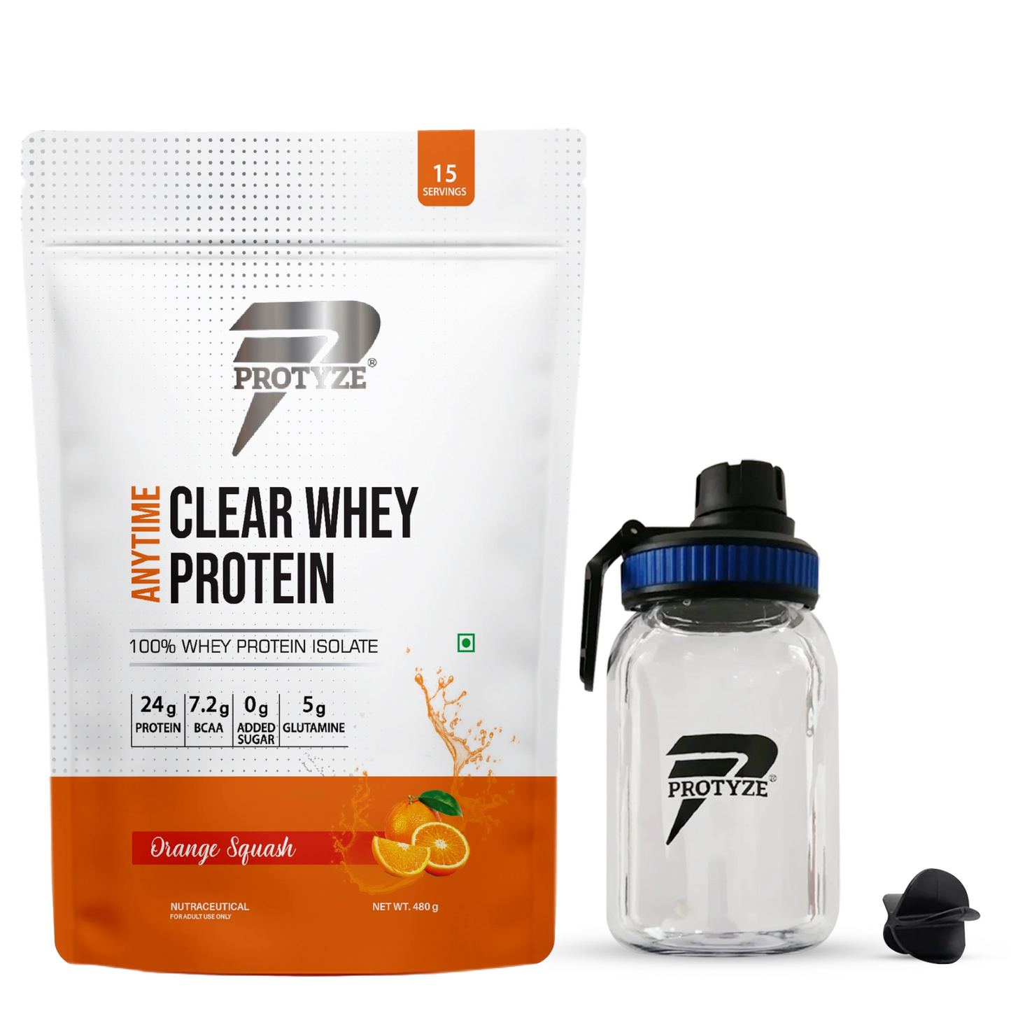Anytime Clear Whey Protein Isolate, Orange Squash + Tritan Shaker with Breaker Ball.