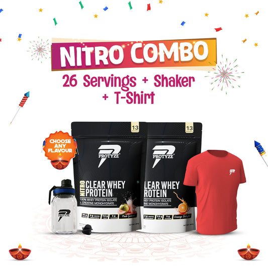 Protyze Clear Whey Isolate Nitro Combo - Nitro 13 Servings 2 Pouches + Shaker & T-Shirt Combo