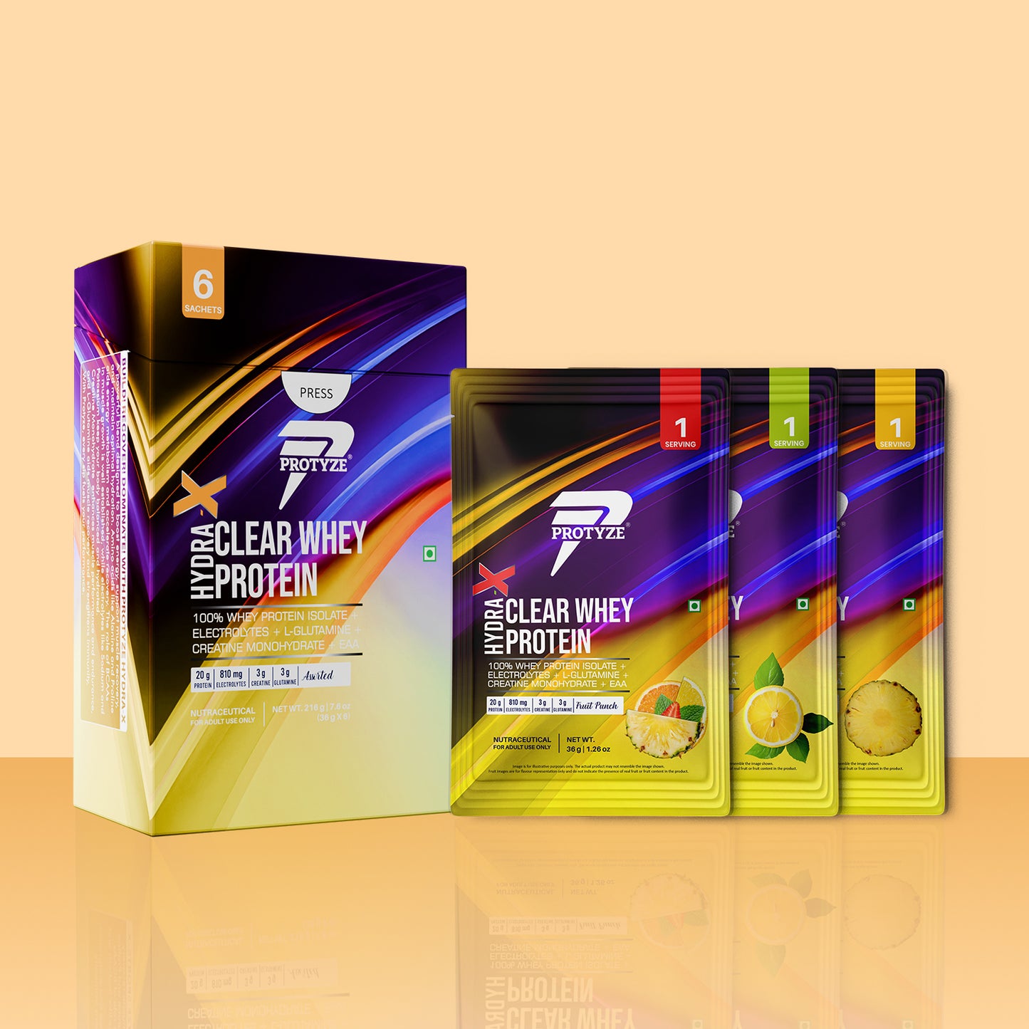 Hydra-X Clear Whey Protein, Assorted Flavours Pack of 6 Sachets ( Fruit Punch, Lemon Lime, Pineapple )