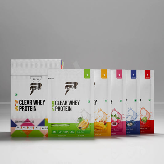 Anytime Clear Whey Protein Isolate, Assorted Flavor Set 3 (Nimbu Pani, Lychee Martini, Mango Peach, Blueberry Crush, Strawberry Kiwi)