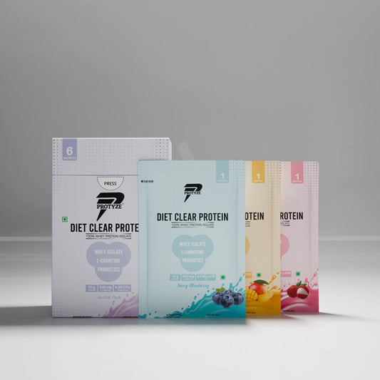 Diet Clear Protein with Probiotics and L carnitine Assorted - Pack of 6 (Juicy Mango, Juicy Blueberry, Juicy Lychee Each Flavour 2 Units)