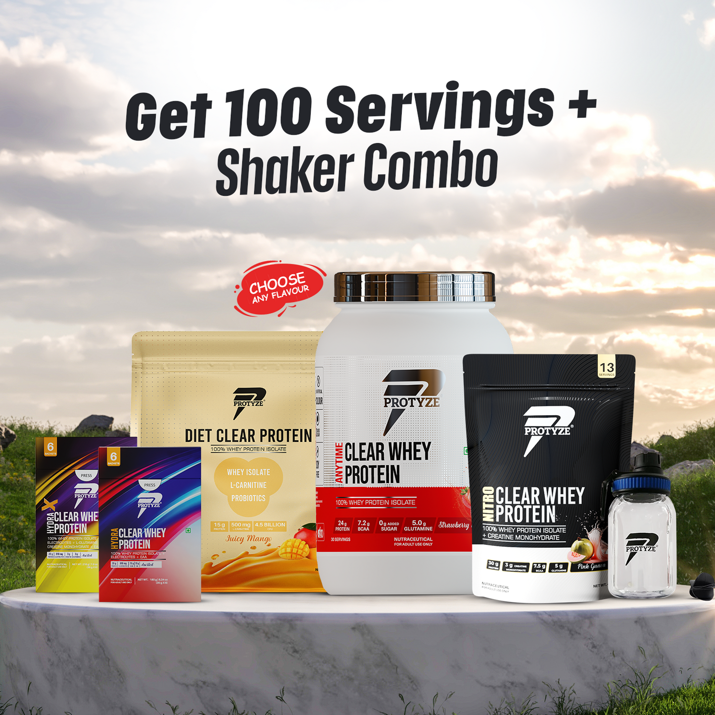 Protyze Clear Whey Protein Anytime Jar + Diet 30 Servings + Nitro 13 Servings + Hydra Pack of 15 Sachets  + Hydra-X Pack of 12 Sachets & Shaker Combo