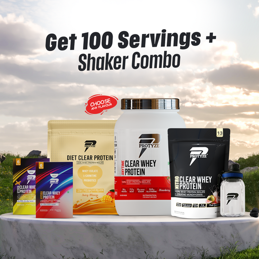 Protyze Clear Whey Protein Anytime Jar + Diet 30 Servings + Nitro 13 Servings + Hydra Pack of 15 Sachets  + Hydra-X Pack of 12 Sachets & Shaker Combo
