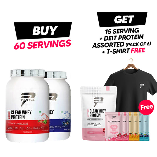 Protyze Anytime Clear Whey Jumbo Offer Buy 2 Jars - Get 1 Pouch, Diet Protein Assorted & T-Shirt Free
