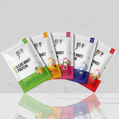 Anytime Clear Whey Protein Isolate, Assorted Flavor Set 3 (Nimbu Pani, Lychee Martini, Mango Peach, Blueberry Crush, Strawberry Kiwi)