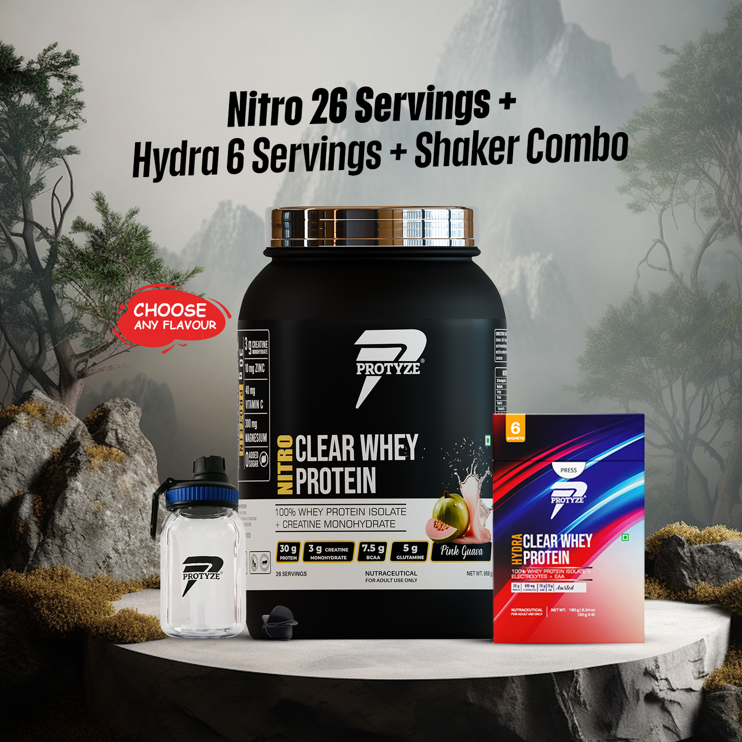Nitro Clear Whey Protein Isolate 26 Servings Jar + Hydra Assorted Pack Of 6 + Shaker Combo