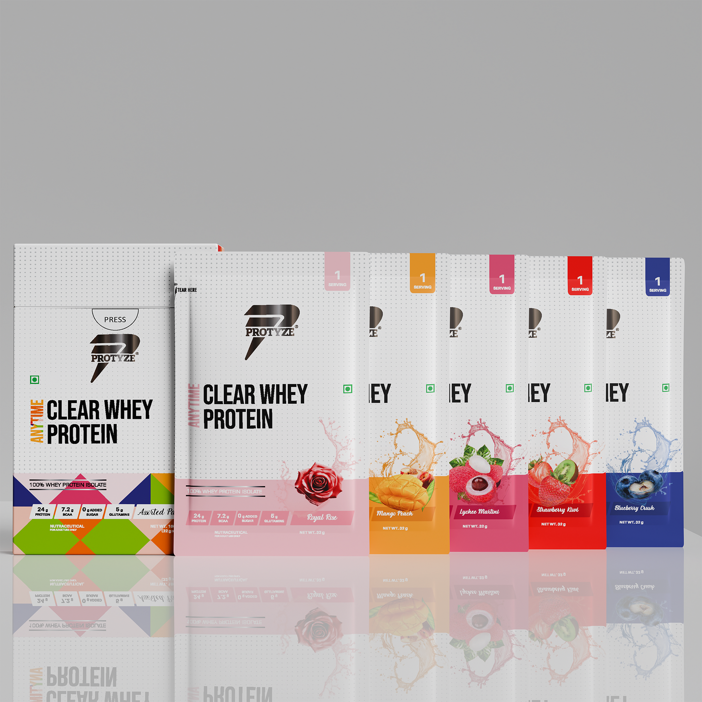 Anytime Clear Whey Protein Isolate, Assorted Flavours Set 1 (Royal Rose, Lychee Martini, Mango Peach, Blueberry Crush, Strawberry Kiwi)