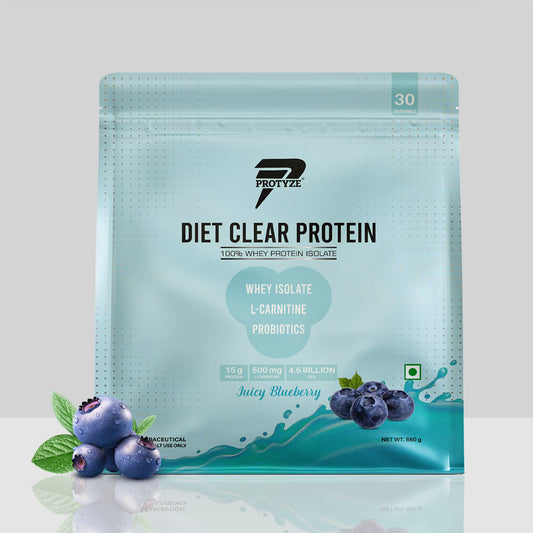 Protyze Diet Clear Whey Protein Isolate With Probiotics, L-Carnitine And Fiber, 15g Protein, Gut Health, Weight Management -JuicyBlueberry 30 Servings