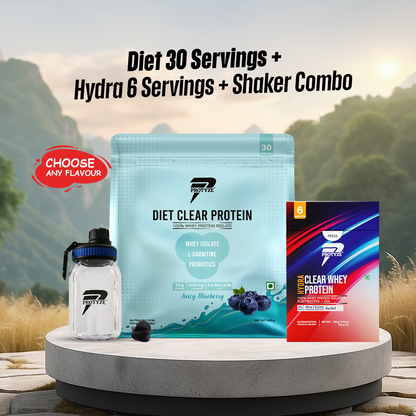 Protyze Clear Protein Diet 30 Serving Pouch + Hydra Assorted Pack Of 6 + Shaker Combo