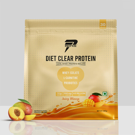 Protyze Diet Clear Whey Protein Isolate With Probiotics, L-Carnitine And Fiber, 15g Protein, Gut Health, Weight Management -Juicy Mango (30 Servings)