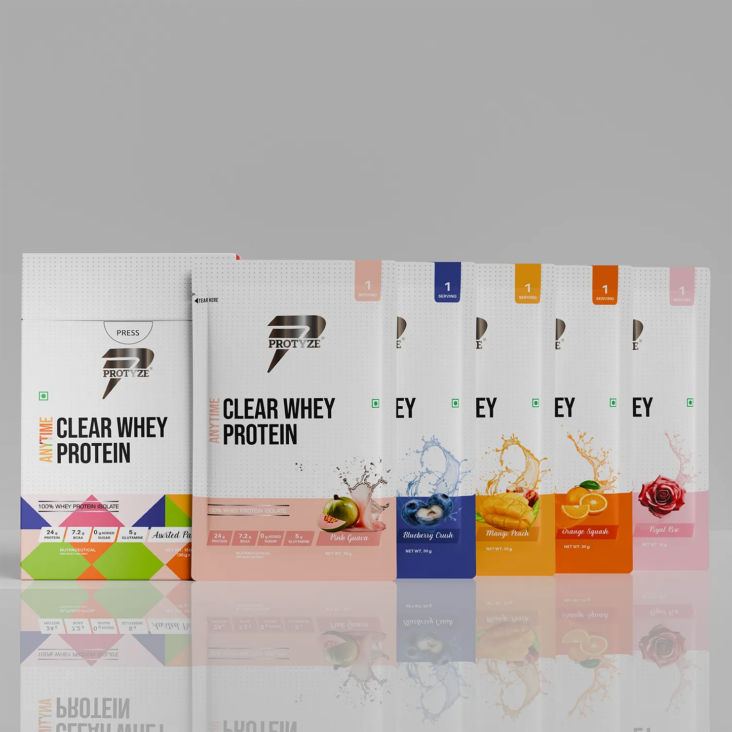 Anytime Clear Whey Protein Isolate, Assorted Flavours Set 1 (Pink Guava, Blueberry Crush, Mango Peach, Orange Squash, Royal Rose)