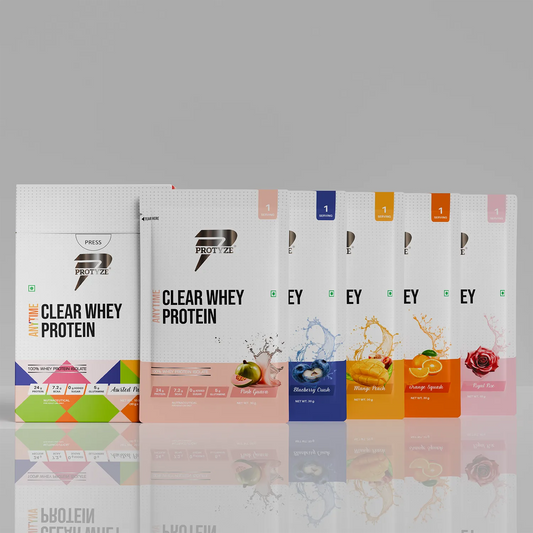 Anytime Clear Whey Protein Isolate, Assorted Flavours Set 1 (Pink Guava, Blueberry Crush, Mango Peach, Orange Squash, Royal Rose)