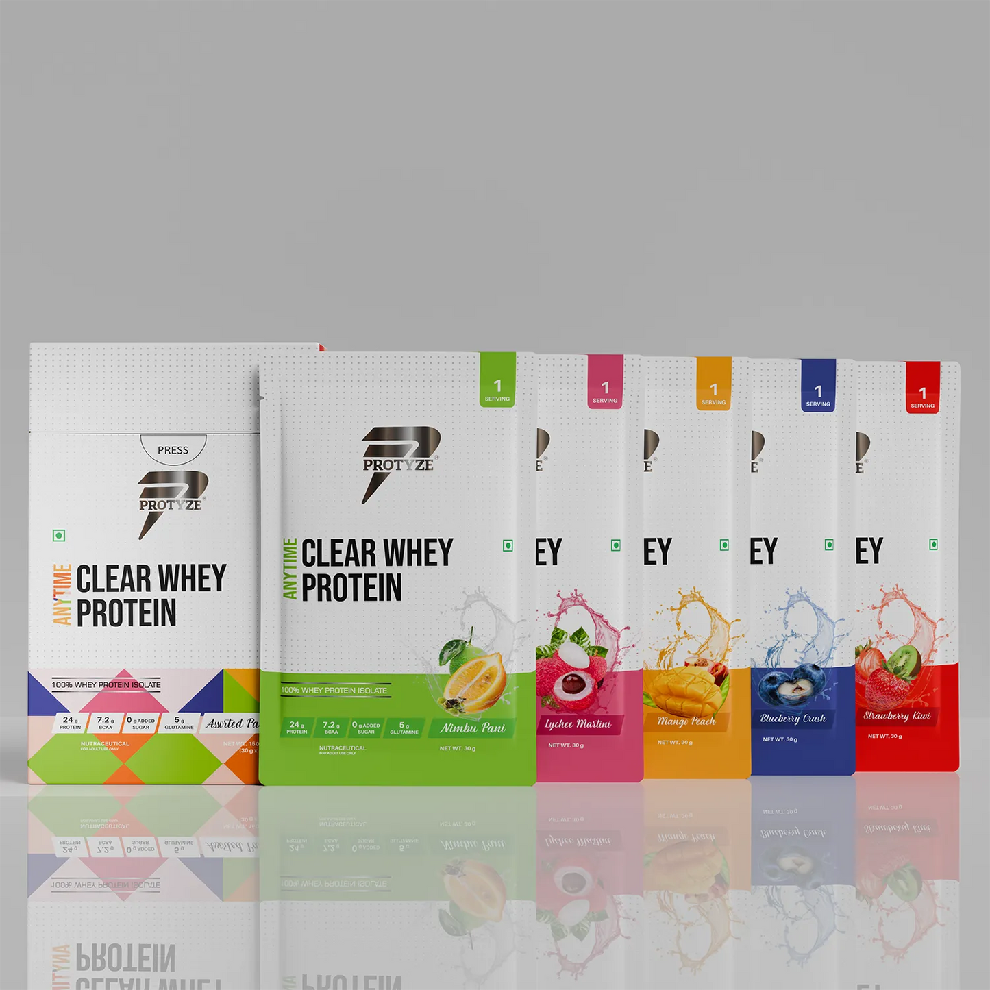Anytime Clear Whey Protein Isolate, Assorted Flavor Set 3 (Nimbu Pani, Lychee Martini, Mango Peach, Blueberry Crush, Strawberry Kiwi)