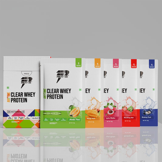 Anytime Clear Whey Protein Isolate, Assorted Flavor Set 3 (Nimbu Pani, Lychee Martini, Mango Peach, Blueberry Crush, Strawberry Kiwi)