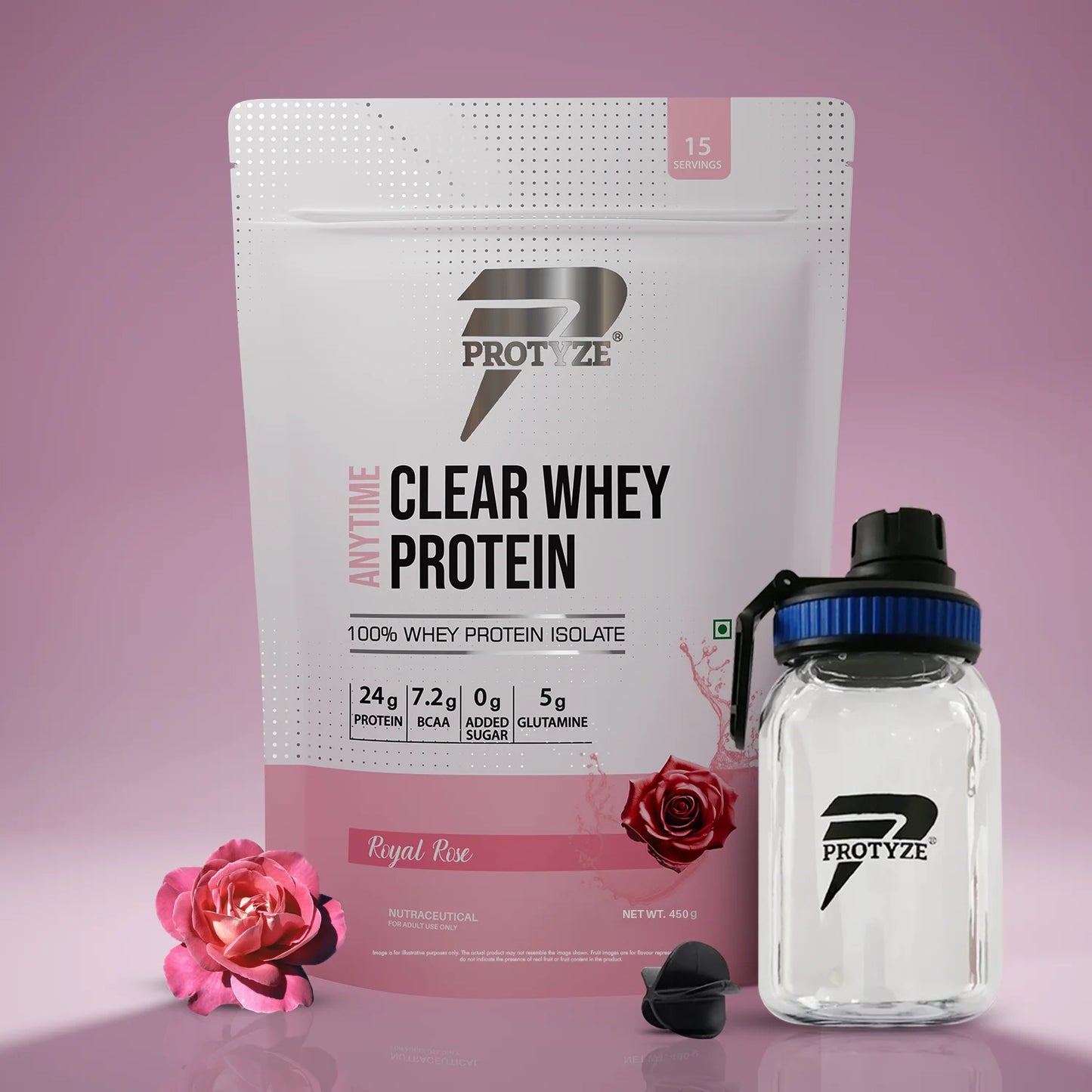 Anytime Clear Whey Protein Isolate, Royal Rose + Tritan Shaker with Breaker Ball.