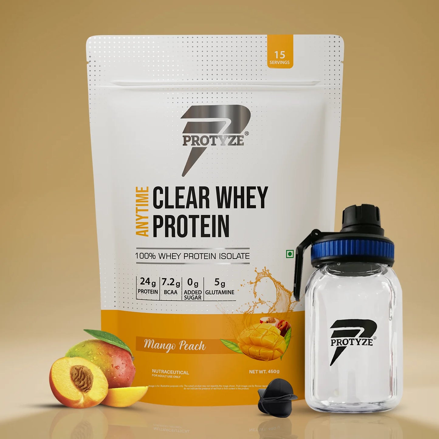 Anytime Clear Whey Protein Isolate, Mango Peach + Tritan Shaker with Breaker Ball.