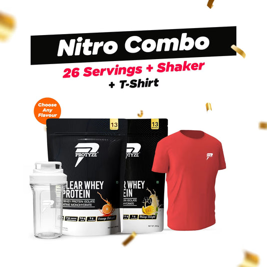 Protyze Nitro Clear Whey Protein Combo — 2 Pouches 13 Servings, Shaker and T-Shirt, 30g protein with Creatine gym combo India