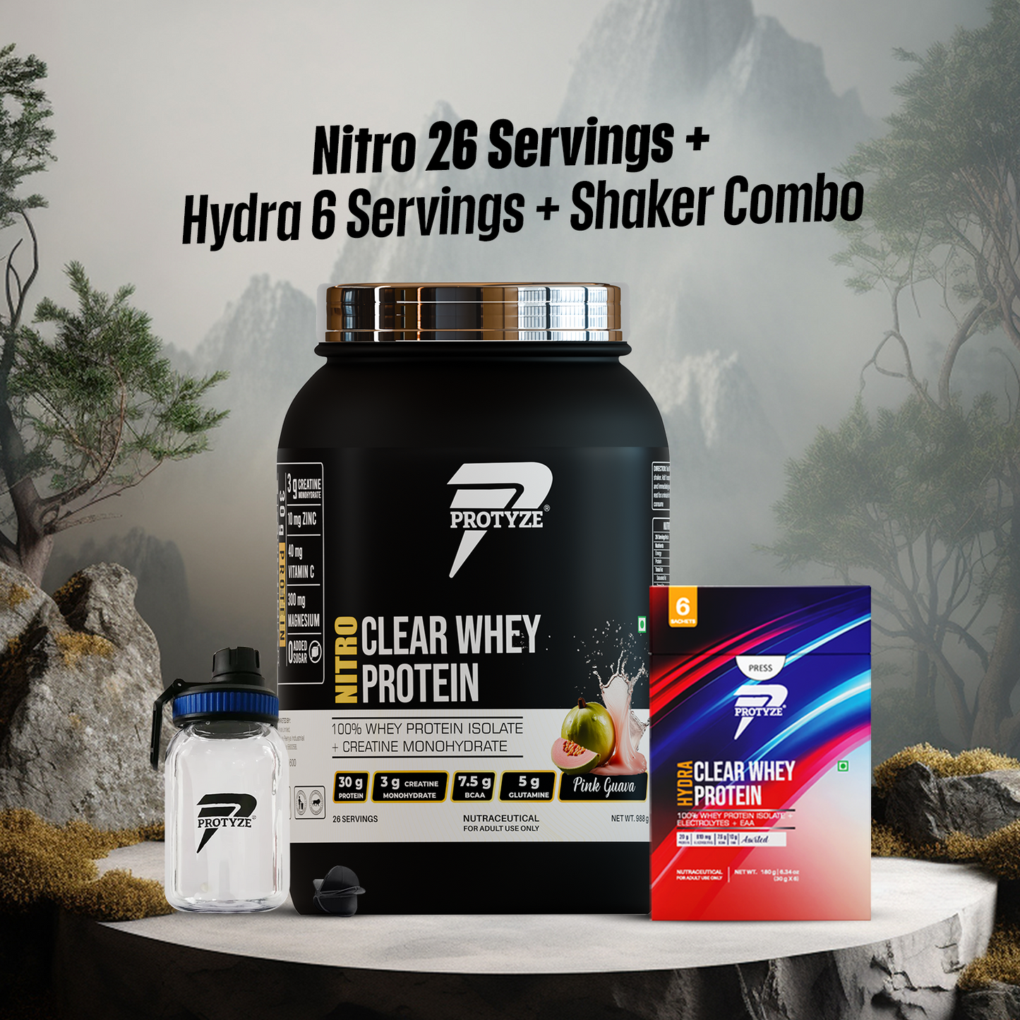 Nitro Clear Whey Protein Isolate 26 Servings Jar + Hydra Assorted Pack Of 6 + Shaker Combo