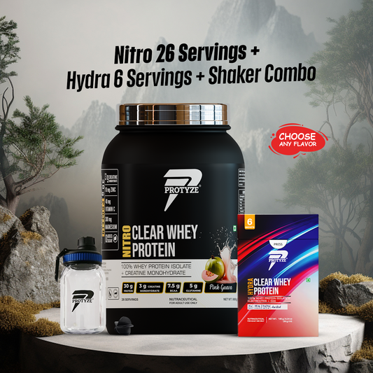 Nitro Clear Whey Protein Isolate 26 Servings Jar + Hydra Assorted Pack Of 6 + Shaker Combo