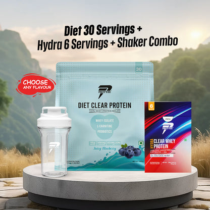 Protyze Clear Protein Combo — Diet Clear 30 Servings Pouch and Hydra Pack of 6 and Shaker, weight loss and hydration protein bundle India