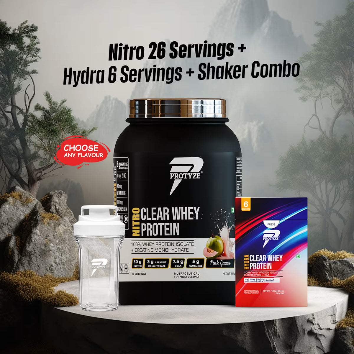 Protyze Clear Protein Combo — Nitro Clear 26 Servings Jar and Hydra Pack of 6 and Shaker, muscle building and hydration bundle India