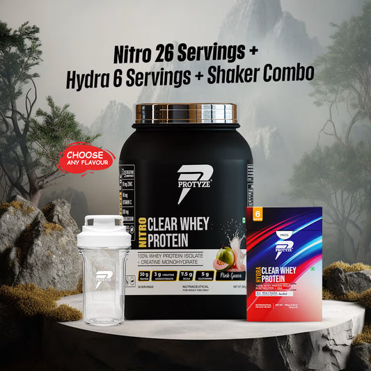 Protyze Clear Protein Combo — Nitro Clear 26 Servings Jar and Hydra Pack of 6 and Shaker, muscle building and hydration bundle India