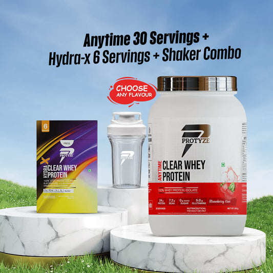Protyze Clear Whey Protein Combo — Anytime Clear Whey Jar and Hydra-X Pack of 6 and Shaker, protein and hydration bundle India