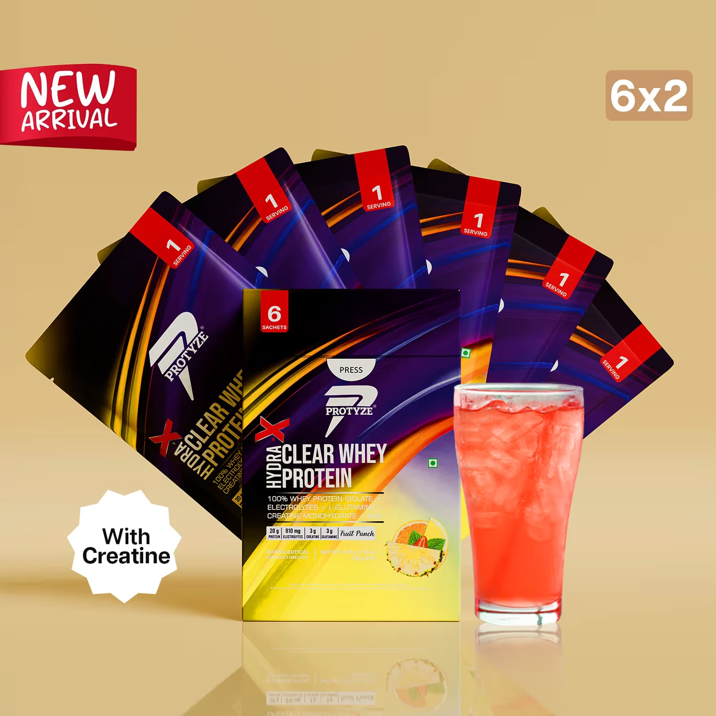 Hydra-X Clear Whey Protein, Pineapple Pack of 12 Sachets (20g Protein, 810mg Electrolytes, 3g Creatine, Muscle Growth, Recovery & Hydration)