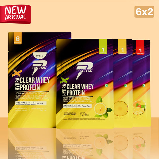 Hydra-X Clear Whey Protein, Assorted Flavours Pack of 6 Sachets ( Fruit Punch, Lemon Lime, Pineapple )