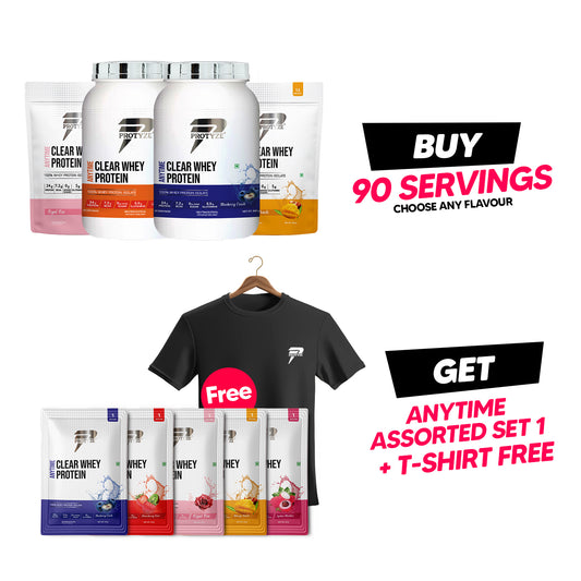 Protyze Anytime Clear Whey Jumbo Offer - (2 Jars + 2 Pouch, Get Anytime Assorted Set 1 (Rose, mango peach, lychee martini, blueberry crush, strawberry kiwi) & T-Shirt Free)