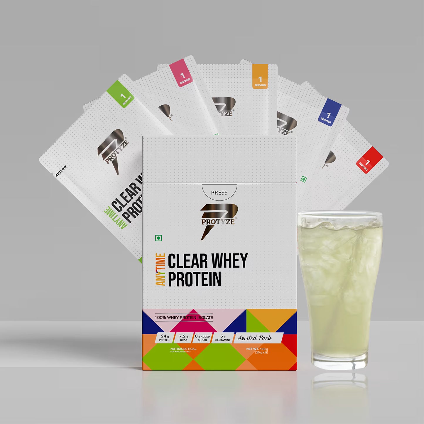 Protyze Anytime Clear Whey Protein Isolate With 24g Protein, 99% Lactose Free, 7.2g BCAA, 0g Added Sugar, Low Carb, Assorted3 (Pack of 5)