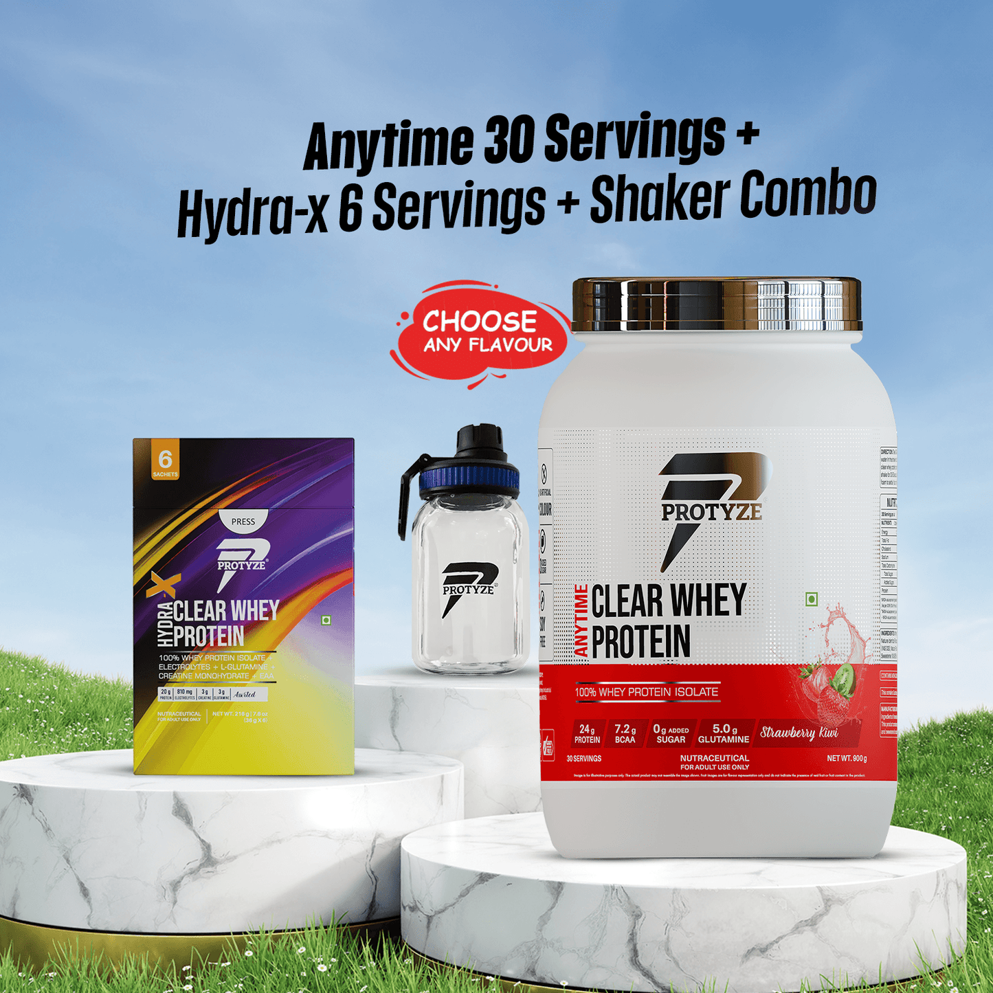Protyze Clear Whey Isolate Anytime Jar + Hydra-X Assorted Pack Of 6 + Shaker Combo