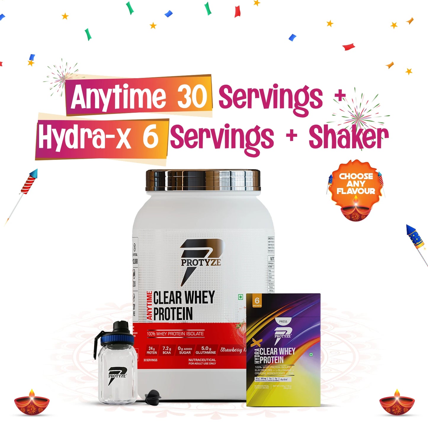 Protyze Clear Whey Isolate Anytime Jar + Hydra-X Assorted Pack Of 6 + Shaker Combo