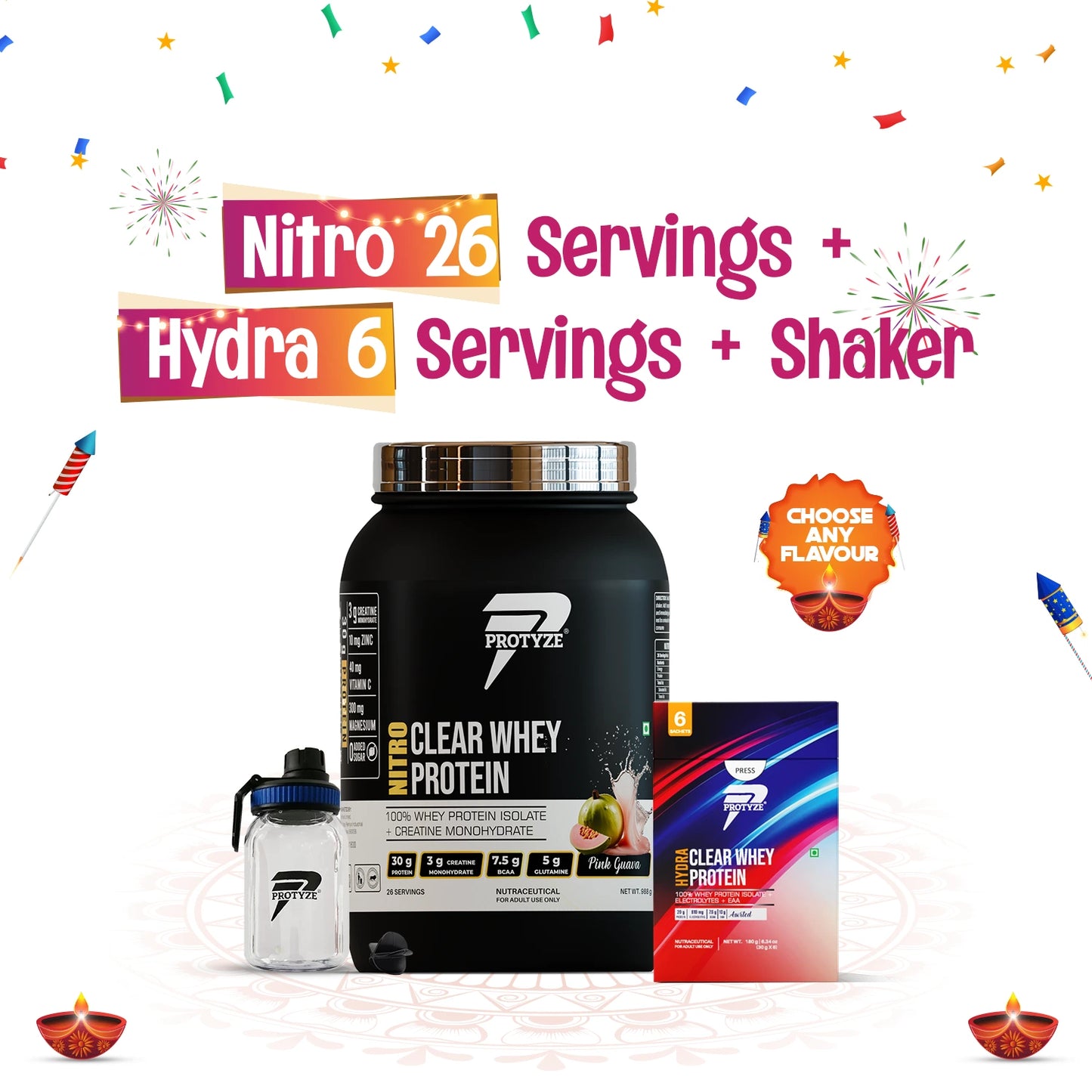 Nitro Clear Whey Protein Isolate 26 Servings Jar + Hydra Assorted Pack Of 6 + Shaker Combo
