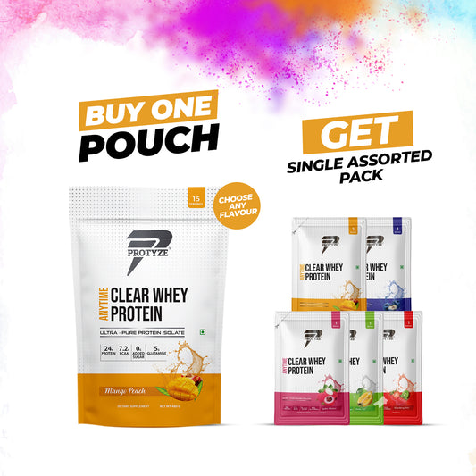 Protyze Anytime Clear Whey Isolate, 15 Serving Pouch and 5 Single Assorted Flavour Free